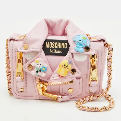 Pre-owned Moschino Pink Leather Biker Jacket Embellished Flap Crossbody Bag