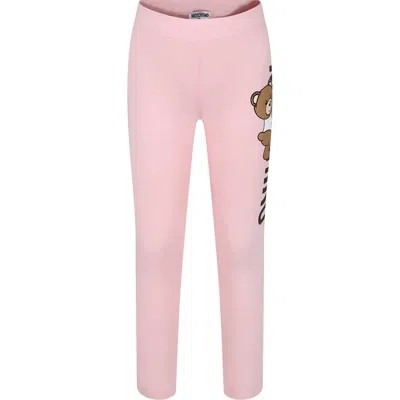 Moschino Kids' Pink Leggings For Girl With Teddy Bear And Logo
