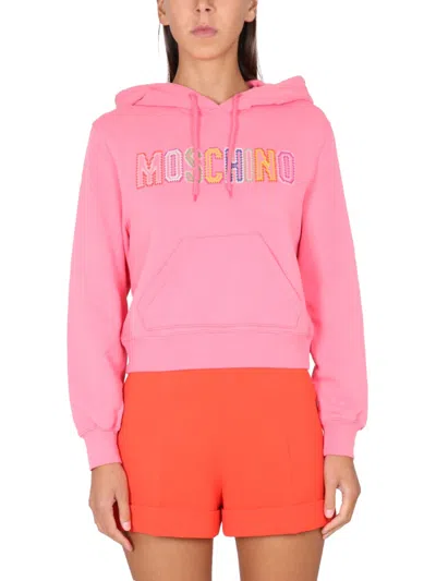 Moschino Organic Cotton Crochet Logo Sweatshirt In Pink