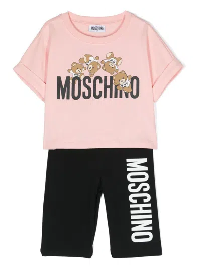 Moschino Kids' Cotton-blend T-shirt And Shorts Set In 84175 Rosa E Nero