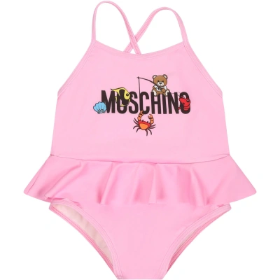 Moschino Pink One Piece Swimsuit For Baby Girl With Logo