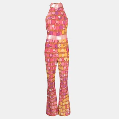 Pre-owned Moschino Pink Printed Lurex Jersey Sequin Trim Jumpsuit Xs