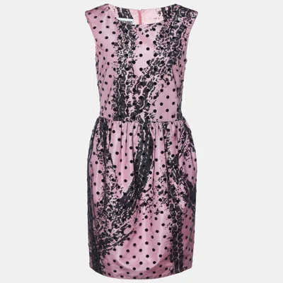Pre-owned Moschino Pink Printed Satin & Polka Dot Tulle Sleeveless Sheath Dress M