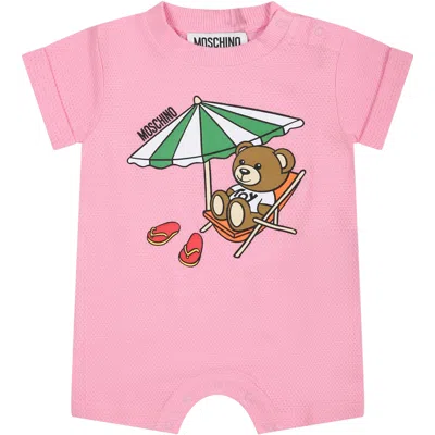 Moschino Pink Romper For Baby Girl With Teddy Bear