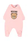 Moschino Pink Romper For Baby Girl With Teddy Bear And Logo In Pink