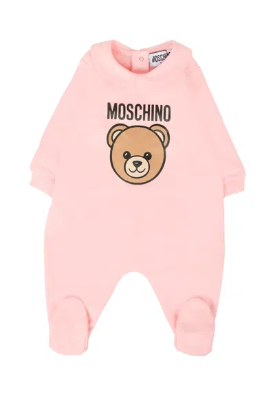 Moschino Pink Romper For Baby Girl With Teddy Bear And Logo
