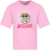 MOSCHINO PINK T-SHIRT FOR GIRL WITH MULTICOLORED PRINT AND TEDDY BEAR