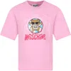 MOSCHINO PINK T-SHIRT FOR GIRL WITH MULTICOLORED PRINT AND TEDDY BEAR