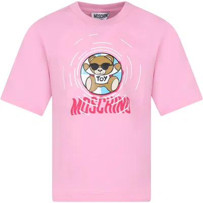Moschino Kids' Pink T-shirt For Girl With Multicolored Print And Teddy Bear