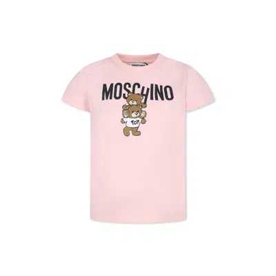 Moschino Kids' Pink T-shirt For Girl With Two Teddy Bears In Rosa