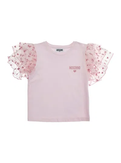 Moschino Kids' Pink T-shirt With Logo Lettering On The Front And Jacquard Motif On The Sleeves In Cotton Girl