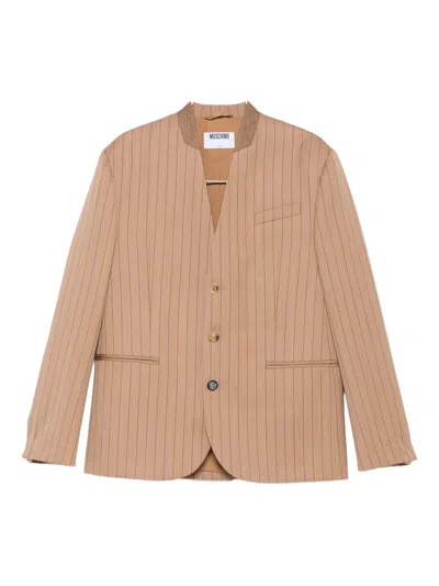 Moschino Pinstripe Mandarin-collar Jacket In Gold