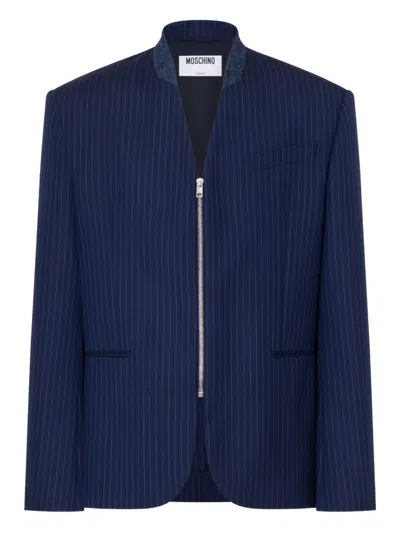 Moschino Pinstripe Zip Blazer In Blue