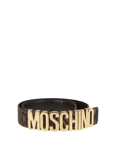Moschino Plaque Logo Belt In Brown