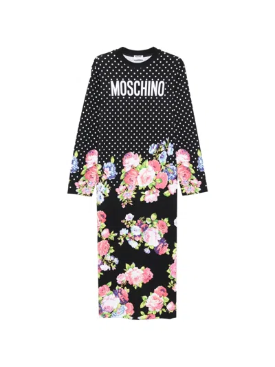 Moschino Polka-dot Floral-print Midi Dress In Black