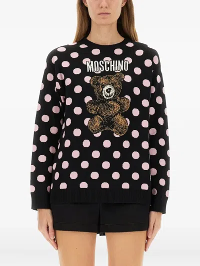 MOSCHINO POLKA-DOT PATTERN TEDDY-EMBELLISHMENT SWEATER