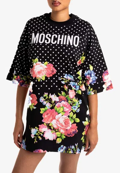 Moschino Polka Dots And Floral Print Mini T-shirt Dress In Black