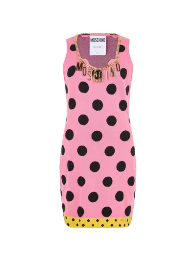 Moschino Polka-dot Logo-chain Mini Dress In Black