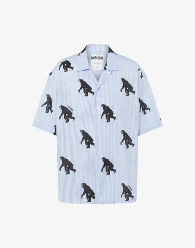Moschino Poplin Shirt Allover Chimpanzee In Azure