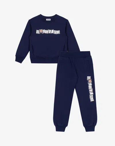 Moschino Kids' Printed Cotton Fleece Sweatpants Suit In Blue