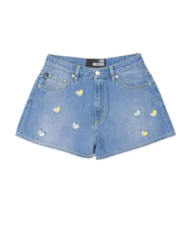 Moschino Printed Denim Shorts In Blue