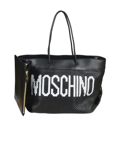 Moschino Logo-print Interwoven Leather Tote Bag In Black