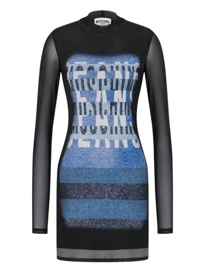 Moschino Printed Long-sleeve Mini Dress In Black