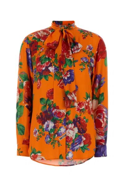 Moschino Satin Shirt Bow Neck Floral Motif In Multi