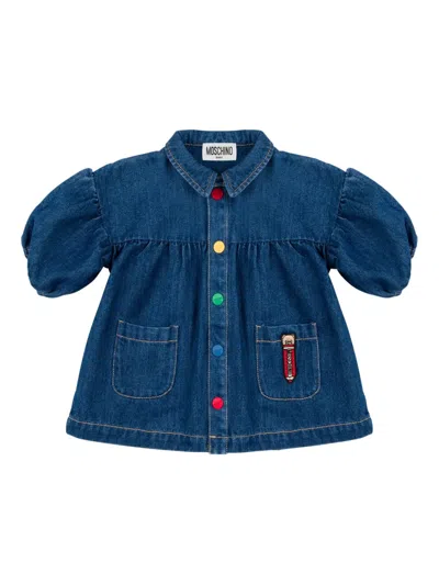 Moschino Babies' Puff-sleeve Denim Dress In Blue