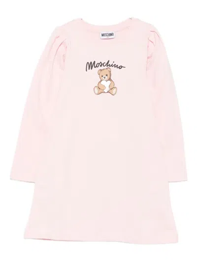 Moschino Kids' Puff-sleeve Teddy-print Dress In Pink