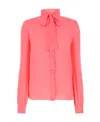 Moschino Silk Blouse With Shoulder Gatherings And Bow Collar In Pink