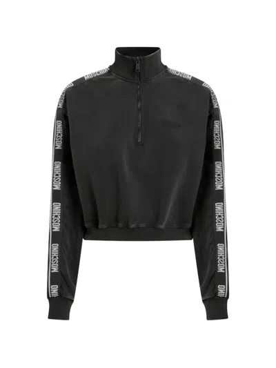 Moschino Quarter-zip Logo-tape Sweatshirt In Black