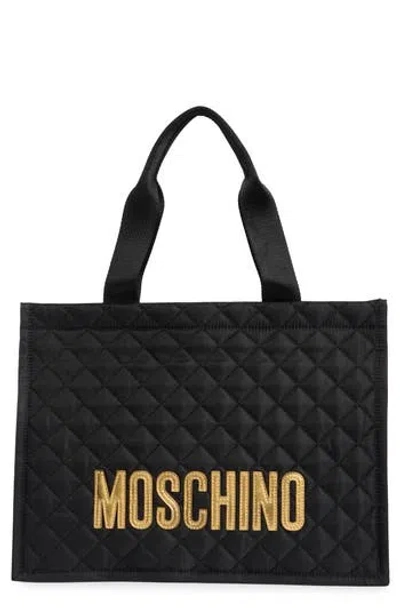 Moschino Quilted Nylon Tote In Black Gold