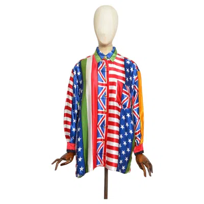 Pre-owned Moschino Rare Archival 1990s  World Flag Colourful Pattern Satin Colourful Shirt In Beige