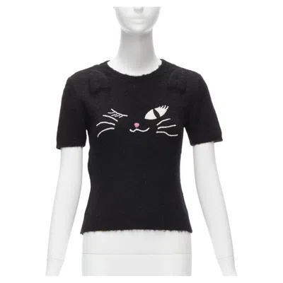 Pre-owned Moschino Rare  Boutique Black Winking Cat 3d Ears Furry Cropped Sweater It42 M