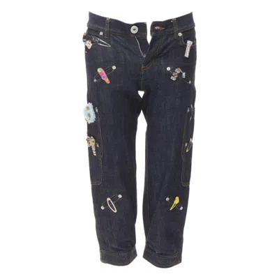 Pre-owned Moschino Rare  Jeans Vintage Dark Denim Hair Clip Embroidered Cargo Jeans It38 Xs In Black