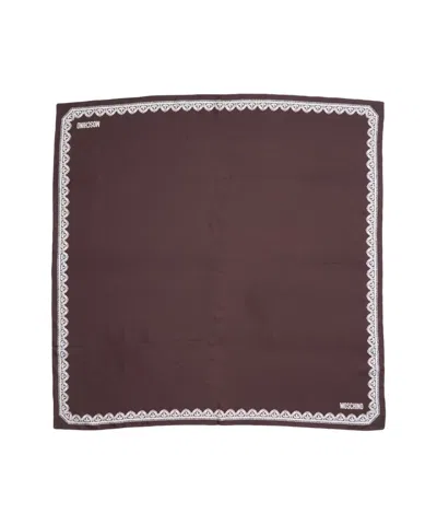 Moschino Rectangular Silk Scarf With Lace Pattern In Brown