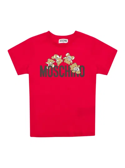 MOSCHINO RED CREWNECK T-SHIRT WITH LOGO PRINT IN COTTON BOY