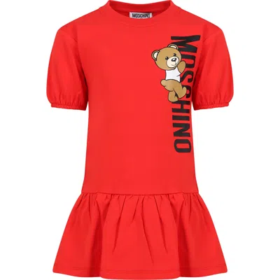 Moschino Kids' Red Dress For Girl With Teddy Bear And Logo