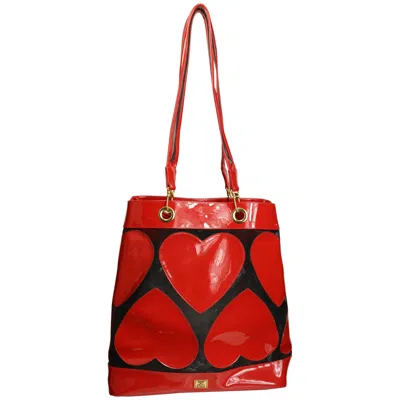 Pre-owned Moschino Red Heart Patent And Mesh Tote Bag