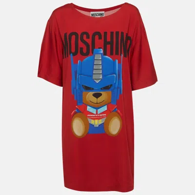 Pre-owned Moschino Red Printed Stretch Crepe Shirt Dress L