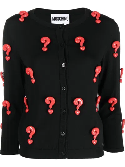 Moschino Red Question Marks Elastic Cardigan In Black