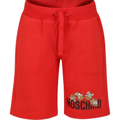 Moschino Red Shorts For Kids With Teddy Bears And Logo