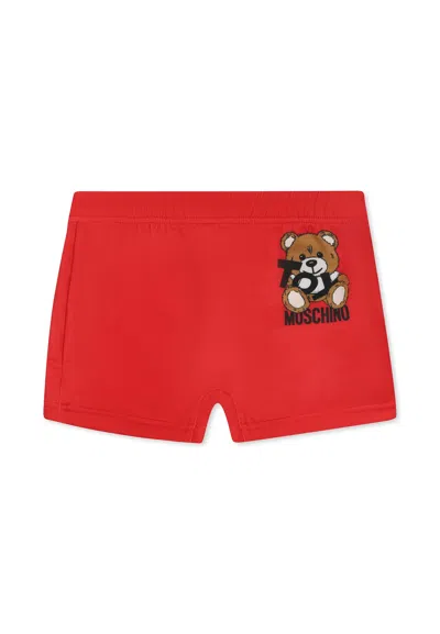 Moschino Babies' Red Swimsuit For Babt Boy With Teddy Bear And Black Logo