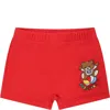 Moschino Red Swimsuit For Baby Boy With Teddy Bear And Multicolor Logo In Red