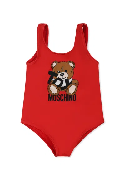 Moschino Red Swimsuit For Baby Girl With Teddy Bear And Black Logo
