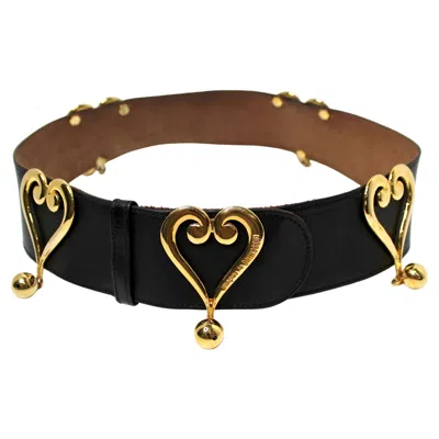 Pre-owned Moschino Redwall Black Leather Belt With Gold-tone Heart Buckles Circa 1980s