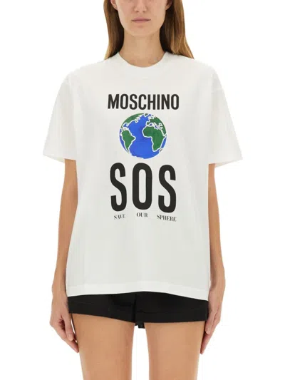 Moschino Relaxed-fit Cotton T-shirt With Bold Globe Print In White