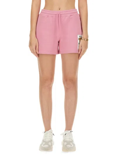 Moschino Relaxed-fit Sweatshirt Shorts With Graphic Patch In Pink