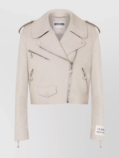 Moschino Rhinestone Embellished Cropped Sheepskin Blazer In Neutral